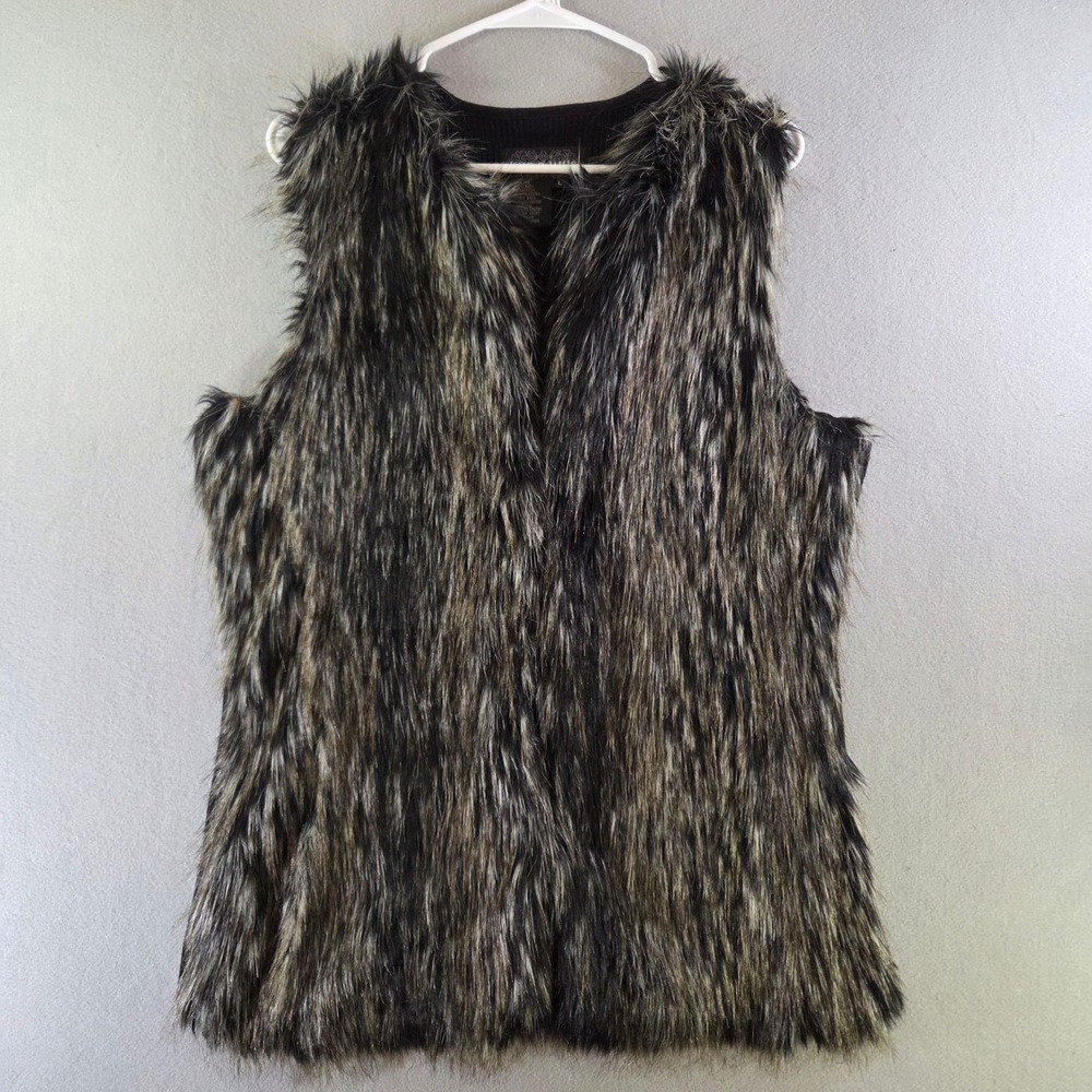 Live a Little Faux Fur Front Ribbed Back Vest Black Gray Y2K Mobwife Glam Large